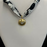 Scarf Necklace with round pendant and white stone inside