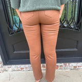 Tractr High Rise Coated Ankle Crop Flare in Cognac