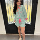 Green & Pink Stripe Christmas Pajama Set in Kelly Green