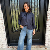 Button Down Shirt with Tie Neck in Ink