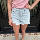 Boxy Light Wash Distressed Denim Cutoffs