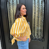 Sunny Days Stripe Button Up Puff Sleeve Top in Gold