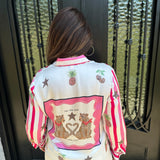 Vilagallo Pink Stripes Leopard Button Up Blouse