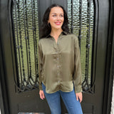 Spanx Better Than Silk Button Down Shirt in Dark Pine