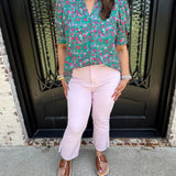 High Rise Ankle Crop Flare w/ Side Slit Fray Hem in Cherry Blossom