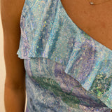 Holographic Ruffled One Shoulder Dress in Holographic Blue