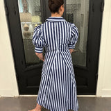 Betty Striped V-neck Midi Dress in Blue