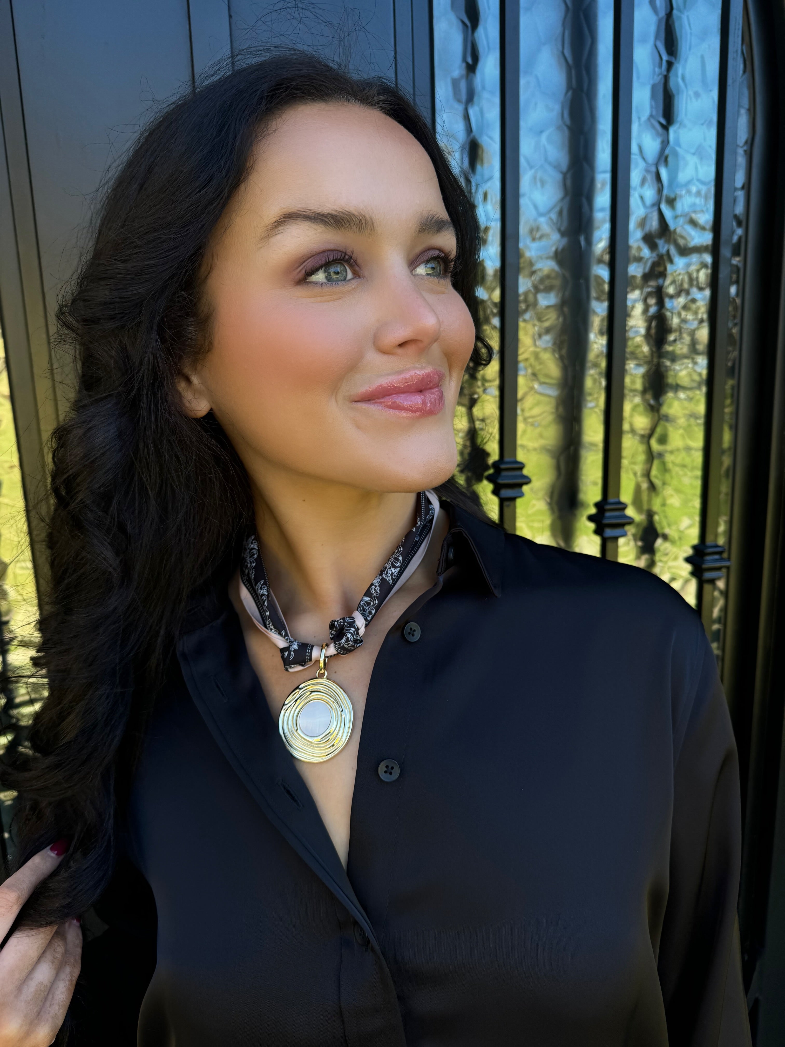 Scarf Necklace with Large Spiral Pendant and Opal Center