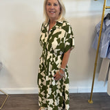 Short Sleeve Green & Ivory Midi Dress