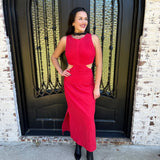 Blare Brushed Pleated Cut Out Dress in Red