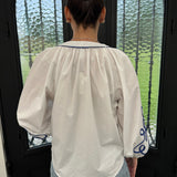 Soutache Contrast Detail Puff Sleeve Blouse in Ivory