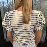 Tristan Rond Neck Stripe Puff Sleeve Top in Blue