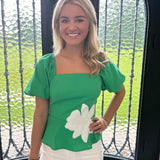 Emmy Linen Top in Emerald/White