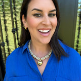 Beige Marble Wide Beaded Necklace with Gold Heart Pendant