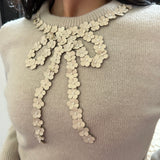 Leather and Pearls Floral Bow Sweater in Oatmeal