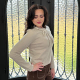 Leather and Pearls Floral Bow Sweater in Oatmeal