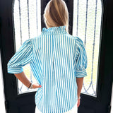 Hannah Ruffle Vneck Stripe in Aqua