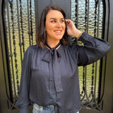 Button Down Shirt with Tie Neck in Ink