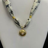 Scarf Necklace with Round Pendant and Pink Stone