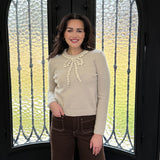 Leather and Pearls Floral Bow Sweater in Oatmeal