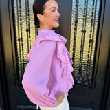 Tracey Cascading Ruffle Balloon Sleeve Blouse in Orchid Pink
