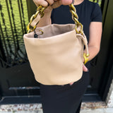 Gold Chain Bucket Purse in Beige