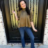 Attley Mock Neck Zip Up Blouse in Olive