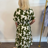 Short Sleeve Green & Ivory Midi Dress