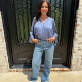 Polly Long Sleeve Split Neck Top in Blue