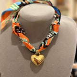 Scarf Necklace with Gold Chunky Heart