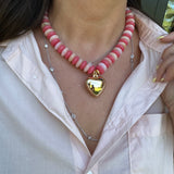 Coral Wide Beaded Necklace with Gold Heart Pendant