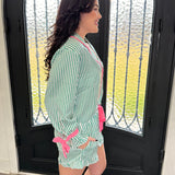 Green & Pink Stripe Christmas Pajama Set in Kelly Green