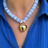 Blue Wide Beaded Necklace with Gold Heart Pendant