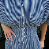 Sally Striped Pleated Mini Dress in Navy
