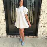 Karlie Solid Poplin Ruffle Neck Pleated Dress