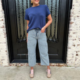 Grommet Waist Striped Wide Leg Jeans