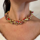 Scarf Necklace with Intertwined Gold chain in Red