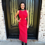 Blare Brushed Pleated Cut Out Dress in Red