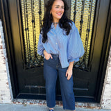 Rowan Pinstripe Voluminous Bubble Sleeve Top in Blue