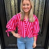 Sunny Days Stripe Button Up Puff Sleeve Top in Pink