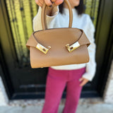 Top Handle Leather Purse with Gold Buckles in Camel