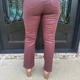 Tractr High Rise Coated Ankle Crop Flare in Dark Cherry