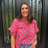 George Floral Smocked V-Neck Top in Pink