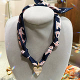 Scarf Necklace with Gold Iridescent Heart Charm in Navy