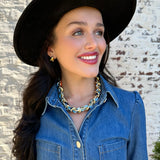 Scarf Necklace with Chunky Gold Chain in Blue Orange and Cream