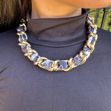 Scarf Necklace with Chunky Gold Chain in Navy/White