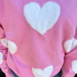 Fuzzy Heart Crewneck Sweater in Pink