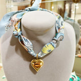 Scarf Necklace with Gold Bubble Heart Charm in Blue