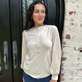 Ribbed Satin Sleeve Janie Top in Pearl