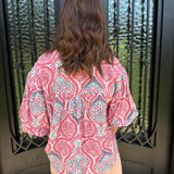 Rose Damask Print Balloon Sleeve Top